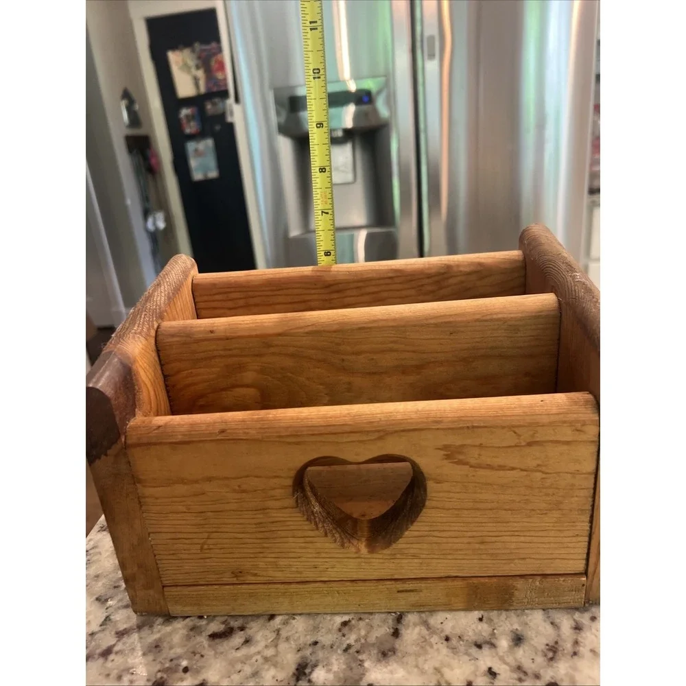 Vtg‎ Wooden Heart Cut Out Oak Letter Mail Desk Caddy Organizer Cottage Core
